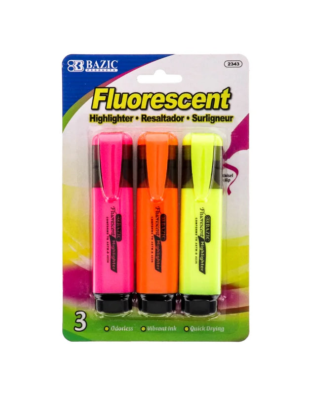 Bazic Fluorescent Highlighter Assorted Colors (3 Pack) image 0