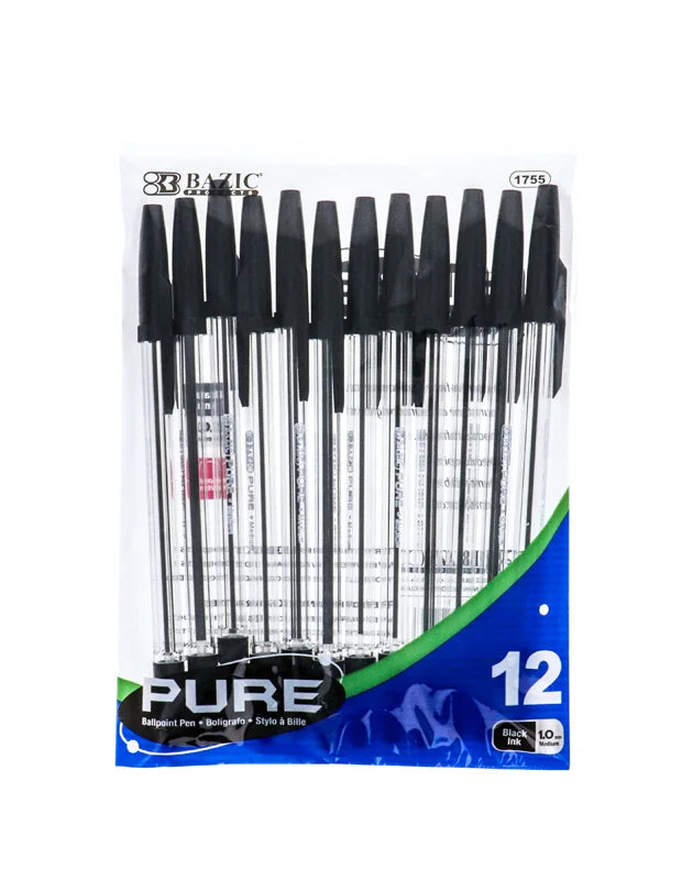 BAZIC Pure Black Stick Pen (Pack of 12) image 0
