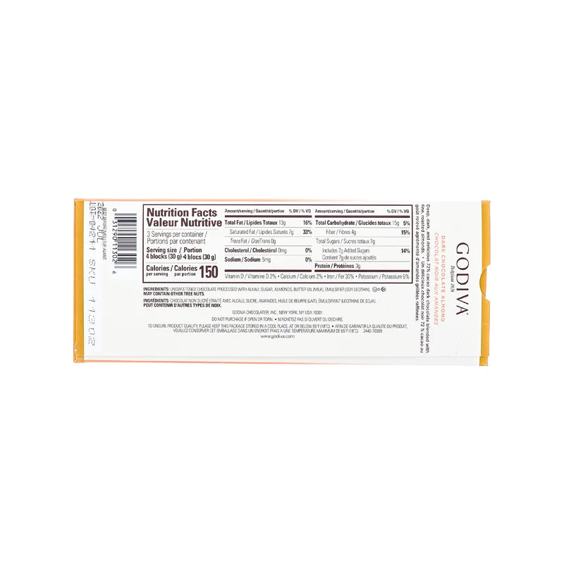 Godiva Dark Chocolate Almond Bar, 72% 3.1 oz image 1