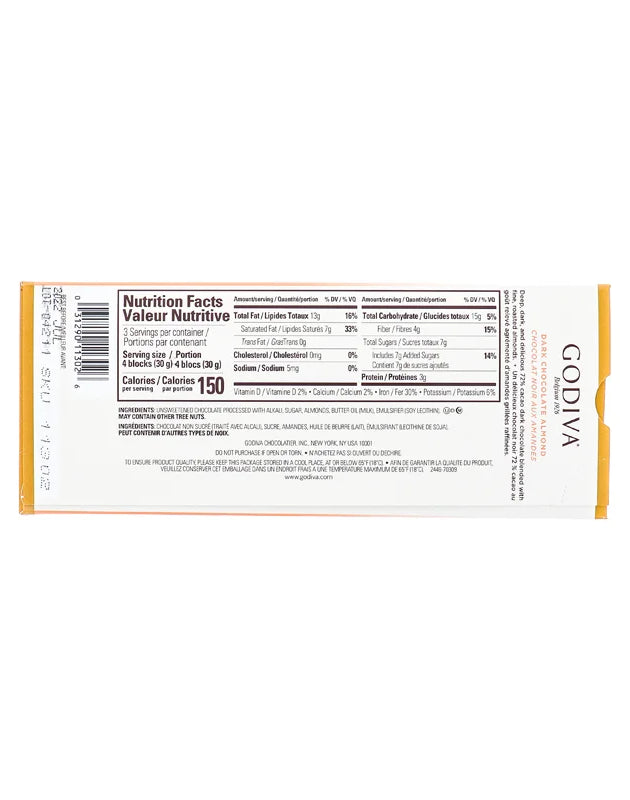 Godiva Dark Chocolate Almond Bar, 72% 3.1 oz image 0