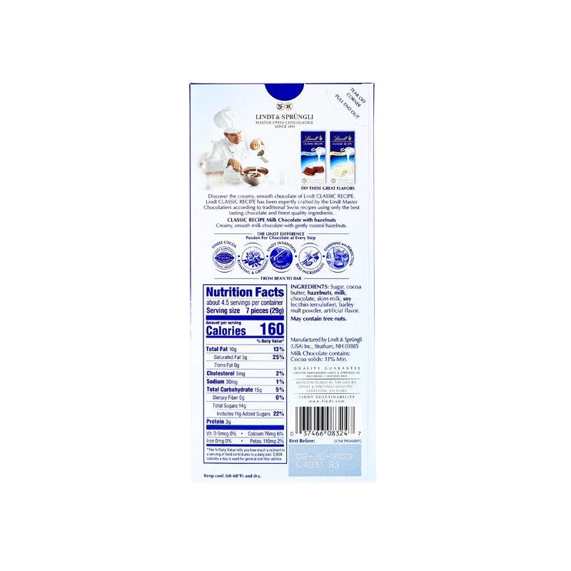 Lindt Tablet Bar Milk Chocolate Hazelnut - 4.4 oz image 1