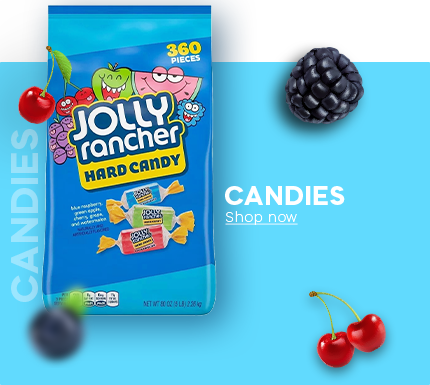 Assorted hard candies pack with fruit flavors displayed in candy shop categories