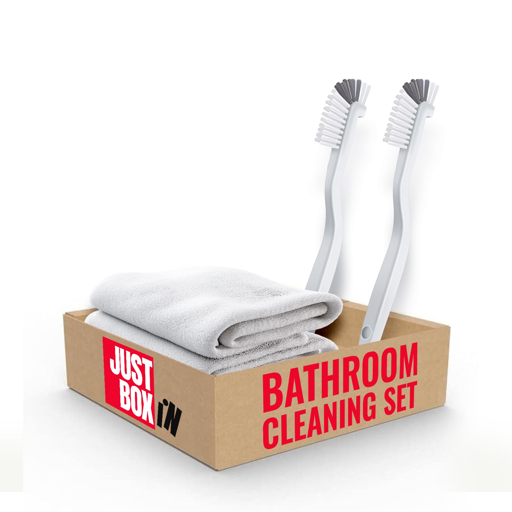 JUST BOX IN Bathroom Cleaning Set, 2 Long Handle Brushes, 2 White Washcloths 11x11 inch image 0
