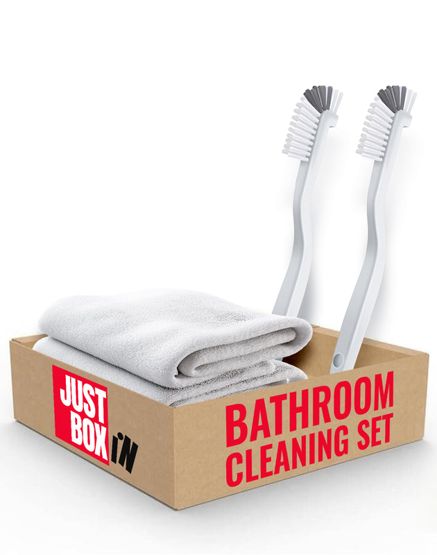 JUST BOX IN Bathroom Cleaning Set, 2 Long Handle Brushes, 2 White Washcloths 11x11 inch image 0